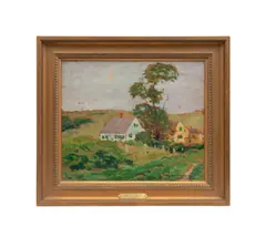 Cottages set in a hilly landscape with tree - late 19th-early 20th century by George Elmer Browne, oil on panel, sold May 2026