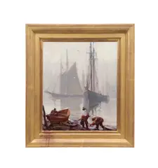 The Bait Diggers" - harbor scene / seascape with men digging for bait in the foreground by Emile Albert Gruppe, 1962, oil on canvas, sold May 2026