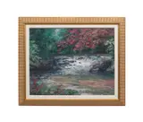 The Rock" - wooded landscape with pink flowers and a small waterfall by Elsie Dresch, oil on canvas, sold May 2026