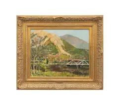 Untitled - Impressionist-style California landscape with bridge over water and mountains in the background by Alfred R. Mitchell, 1935, oil on canvas board, sold May 2026