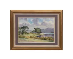 Landscape with a lake and mountains in the background - 20th century by Seán O'Connor, watercolor on paper, sold May 2026