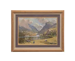 Landscape with sheep grazing in front of a river with a bridge in the middle distance - 20th century by Seán O'Connor, watercolor on paper, sold May 2026