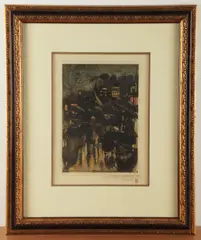 etching "L'Omnibus" depicting figures at an omnibus station outside of the Louvre during a downpour by Henri Boutet, etching on paper, sold Jun 2024
