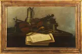 Still Life with Violin by Charles Meurer, oil on canvas, sold Jun 2024