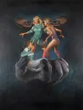 poster illustration painting depicting (3) young women in the hand of an unknown killer movie unknown by Morgan Weistling, gouache on board, sold Jun 2024