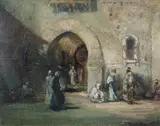 Orientalist painting depicting Arabs outside of a mosque by Douglas Arthur Teed, oil on board, sold Jun 2024