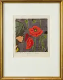 Girl with Poppies by Tadashi Nakayama, 1956, woodblock in color on silk, sold Apr 2022
