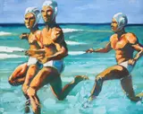 Men Running on Beach Shore by Richard Merchan, oil on canvas, sold May 2022
