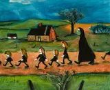La Rentrée, 1982, 1982 by Normand Hudon, 1982, oil on board, sold Sep 2026