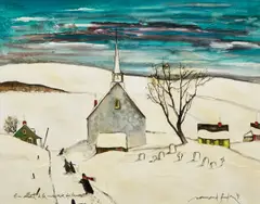 En allant à la messe de six heures, 1987 by Normand Hudon, 1987, oil on board, sold Sep 2026