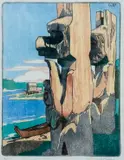 Siwash House Posts – Tsatsisnukomi by Walter J. Phillips, colour woodblock print, sold Sep 2026