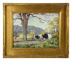 landscape with cows and trees by George Glenn Newell, oil on canvas, sold Sep 2024