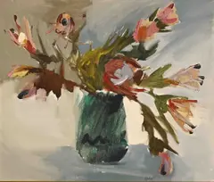 Still Life with Proteas by Aileen Lipkin, oil on canvas, sold Jul 2023