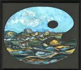 Mountainous Landscape by Johann van Heerden, oil on artist's palette, sold Jul 2023