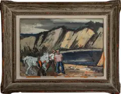 Bluffs and Lake Scene with Men and Horse by Sol Wilson, Oil on Panel, sold Mar 2024