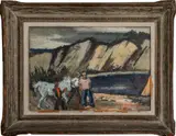Bluffs and Lake Scene with Men and Horse by Sol Wilson, Oil on Panel, sold Mar 2024