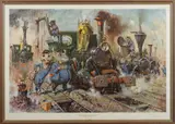 'The Running Sheds of The Great Caerphilly and Vole-Tail Central by Terence Cuneo, print, offered Nov 2021