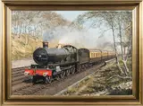 Great Western Railways Saint-Class 4-6-0 No 2910 'Lady of Shallot Down Express in Sonning Cutting by Gerald Broom, oil on board, sold Nov 2018