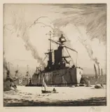 Battle Cruisier HMS Lion in Portsmouth harboursigned by artist lower left and 'Beatty' lower right34cm x 35cm by Norman Wilkinson, print (other), offered Jun 2018