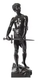 Vingt Ans' a bronze figure of boy with sword: dark brown patination by Raoul Larche, bronze, sold Jan 2018