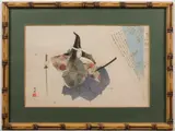 Noh theatre woodblock print of Atsumori: a young Samurai warrior killed at the battle of Ichi-no-Tani, mounted and framed, 22 x 33cm by Kōgyo Tsukioka, print, offered Apr 2017