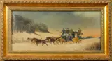 Mail and passenger coaches: a set of three, one signed and dated 1901, oils on card each 14 x 30cm by Philip Henry Rideout, 1901, oil, sold Dec 2016