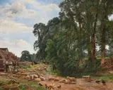 The outskirts of a farm by Benjamin Williams Leader, 1860, oil, offered Dec 2022