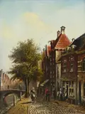 Figures strolling along a dutch canal by Johannes Franciscus Spohler, oil, sold Dec 2022