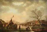 Figures skating in a frozen river landscape by Andries Vermeulen, oil, sold Dec 2022