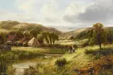 Figures by a stream in a valley landscape by Frederick Carlton, oil, sold Dec 2022