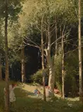 Children playing in a sunlit wood by Harry Watson, oil, sold Dec 2022