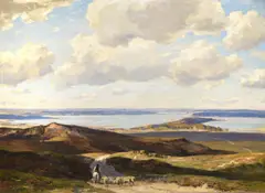 Studland bay with poole harbour in the distance by Herbert Hughes-Stanton, oil, sold Dec 2022