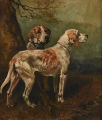 A seated and a standing hound by John Emms, oil, sold Dec 2022