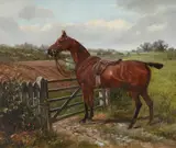 A saddled bay hunter by a fence by John Alfred Wheeler, oil, sold Dec 2022