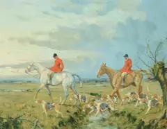 Huntsmen by a stream by George Wright, oil, sold Dec 2022