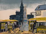 The Market Place (The Corn Exchange), Saffron Walden (Greenwood MG.055) Linocut printed in colours, 1962 by Edward Bawden, Linocut printed in colours, sold Dec 2022