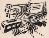 Trams and motorcyclists by Lill Tschudi, Linocut printed in black, circa, sold Dec 2022