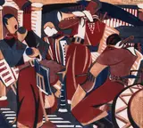 Rumba Band II (Coppel LT.48) Linocut printed in dark blue, red and orange beige, 1936 by Lill Tschudi, Linocut printed in dark blue, red and orange beige, offered Dec 2022