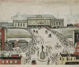 Station Approach Offset lithograph printed in colours, circa 1962 by L. S. Lowry, Offset lithograph printed in colours, circa, sold Dec 2022
