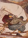 Skiing (Coppel LT35) Linocut printed in crimson, grey and light orange, 1934 by Lill Tschudi, Linocut printed in crimson, grey and light orange, offered Dec 2022
