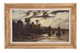 Cheyne walk and chelsea old church by battersea old bridge by Cecil Gordon Lawson, Oil on canvas, sold Nov 2022