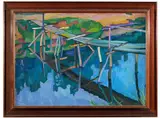 The wooden bridge by Viktor Templin, 1960, Oil on board, sold Nov 2022