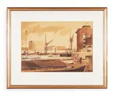 A corner of st. katherine's dock by Dennis John Hanceri, 1976, Watercolour, ink and wash, heightened with white, sold Nov 2022