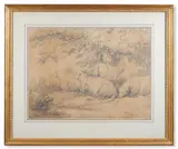 Sheep resting beneath the trees by George Morland, Pencil and red chalk, sold Nov 2022