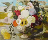 Still life of flowers in an urn by Mary Fedden, 1955, Oil on board, sold Oct 2022
