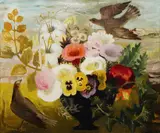 Still life of flowers in a black urn by Mary Fedden, 1955, Oil on canvas, sold Oct 2022