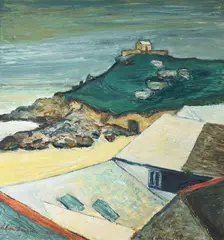 The island, st ives abbey by Alan Lowndes, Oil on board, sold Oct 2022