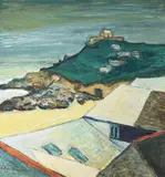 The island, st ives abbey by Alan Lowndes, Oil on board, sold Oct 2022