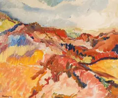Hills above chrisostomas monastery, cyprus by David Bomberg, 1948, oil, sold Oct 2022