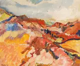 Hills above chrisostomas monastery, cyprus by David Bomberg, 1948, oil, sold Oct 2022